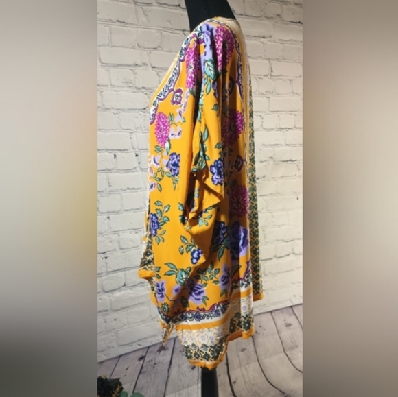 ShortSleeve Purple FloralPrint OpenFont WovenKimono Cardigan Golden - Picture 12 of 16